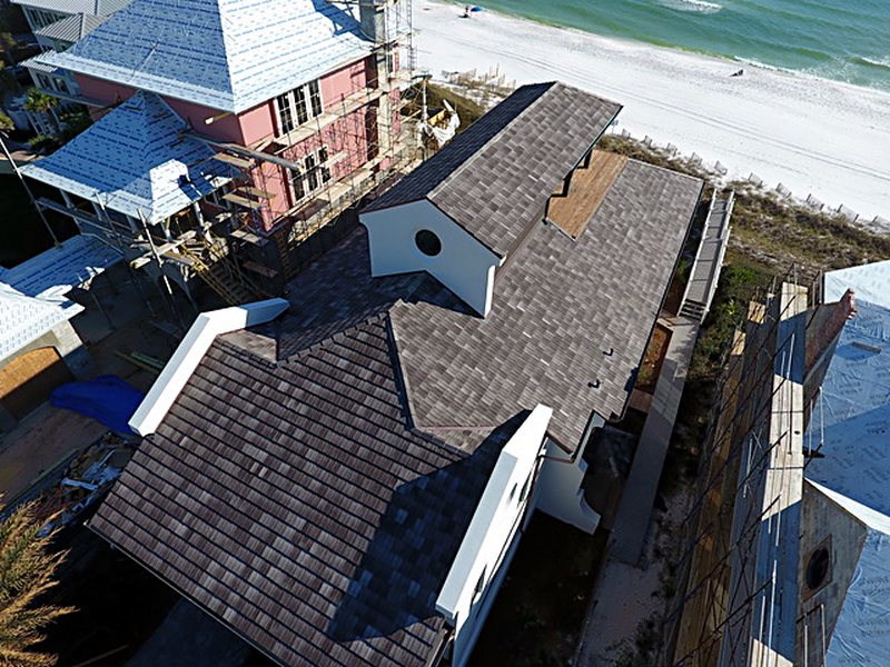 Aerial of Ludowici shake tile roof near the beach, Florida panhandle