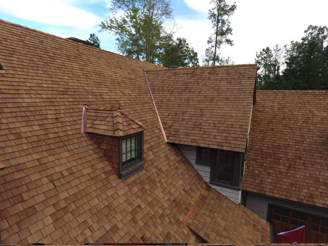 Cedar shingles and copper, Lake Keowee retreat — photo