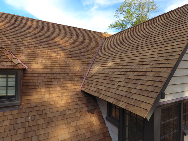 Cedar shingles and copper, Lake Keowee retreat — photo