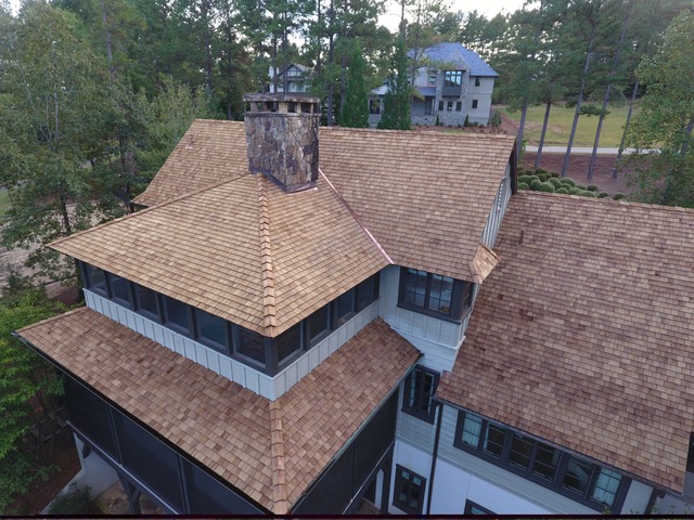 Copper valleys and flashing with cedar shingles on a mountain retreat at Lake Keowee