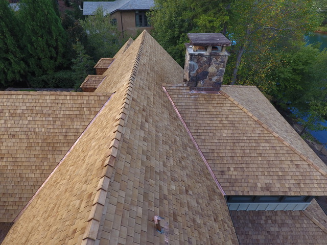 Cedar shingles and copper, Lake Keowee retreat — photo
